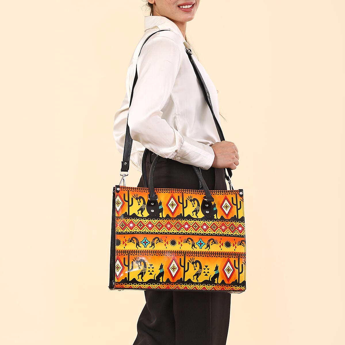 Sukriti Orange Kokopelli Inspiration Prints Handpainted 100% Genuine Leather Tote Bag with Wallet image number 3