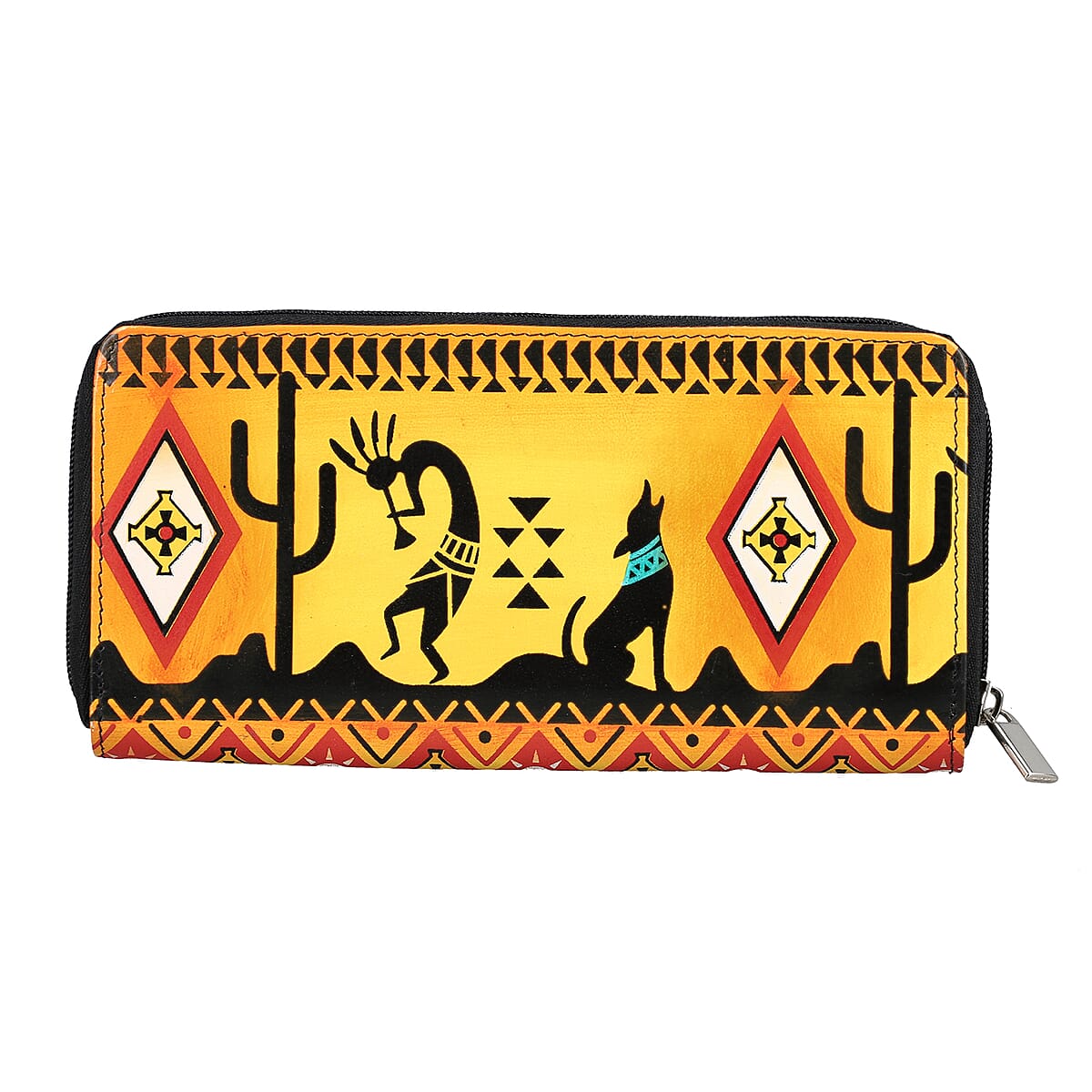 Sukriti Orange Kokopelli Inspiration Prints Handpainted 100% Genuine Leather Tote Bag with Wallet image number 4