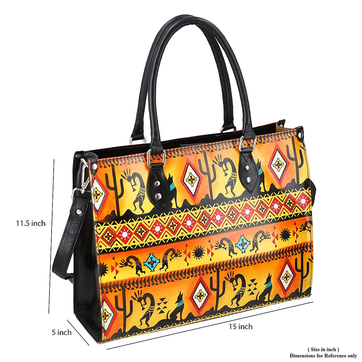 Sukriti Orange Kokopelli Inspiration Prints Handpainted 100% Genuine Leather Tote Bag with Wallet image number 7