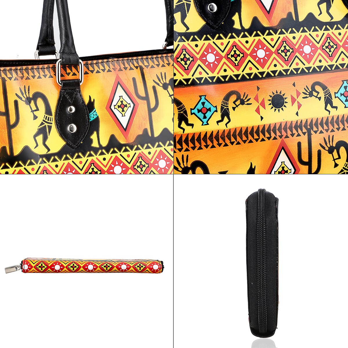 Sukriti Orange Kokopelli Inspiration Prints Handpainted 100% Genuine Leather Tote Bag with Wallet image number 8