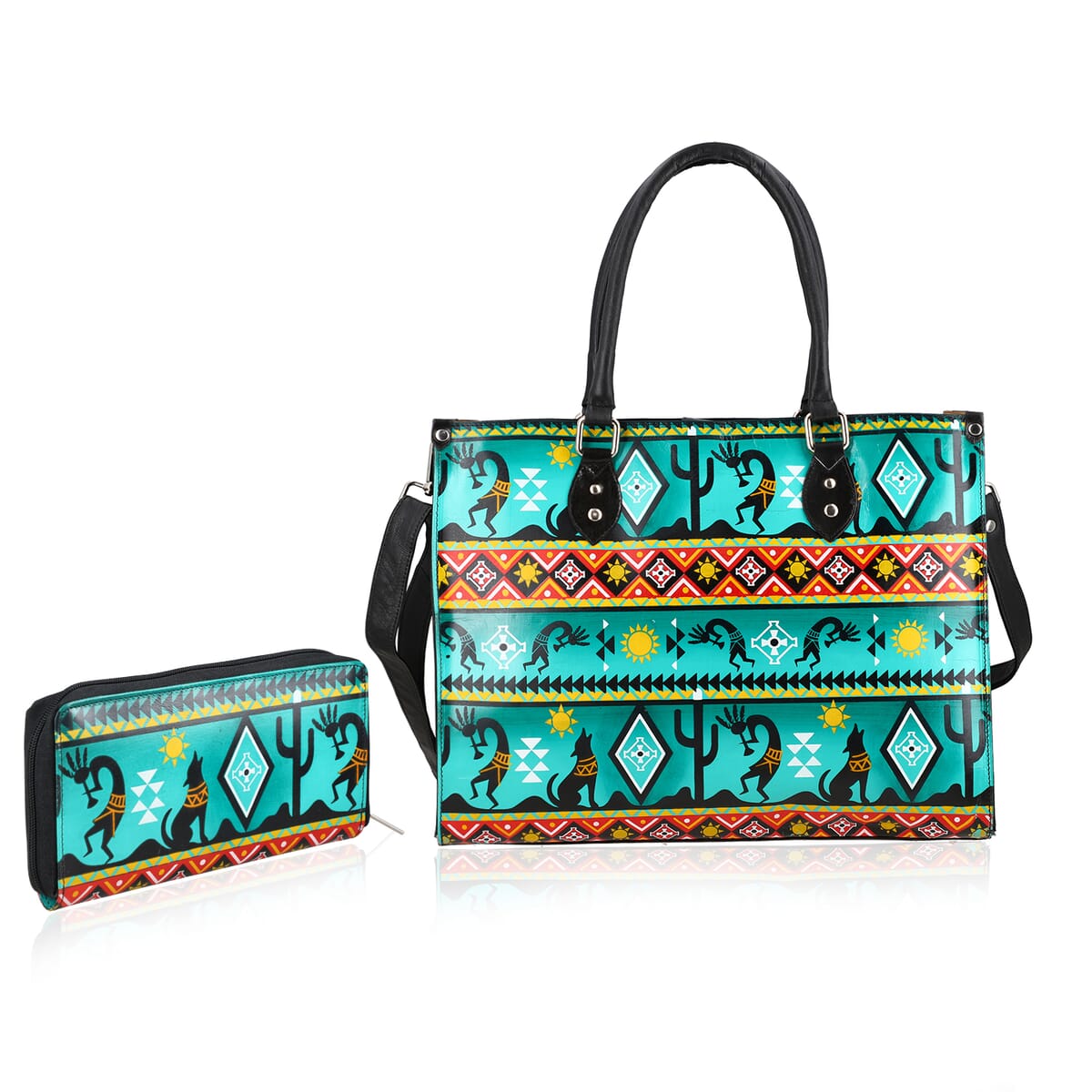 Sukriti Green Kokopelli Inspiration Prints Handpainted 100% Genuine Leather Tote Bag with Wallet image number 0