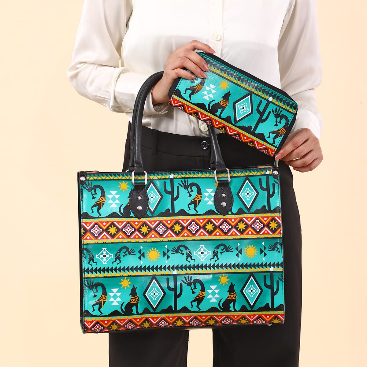 Sukriti Green Kokopelli Inspiration Prints Handpainted 100% Genuine Leather Tote Bag with Wallet image number 1
