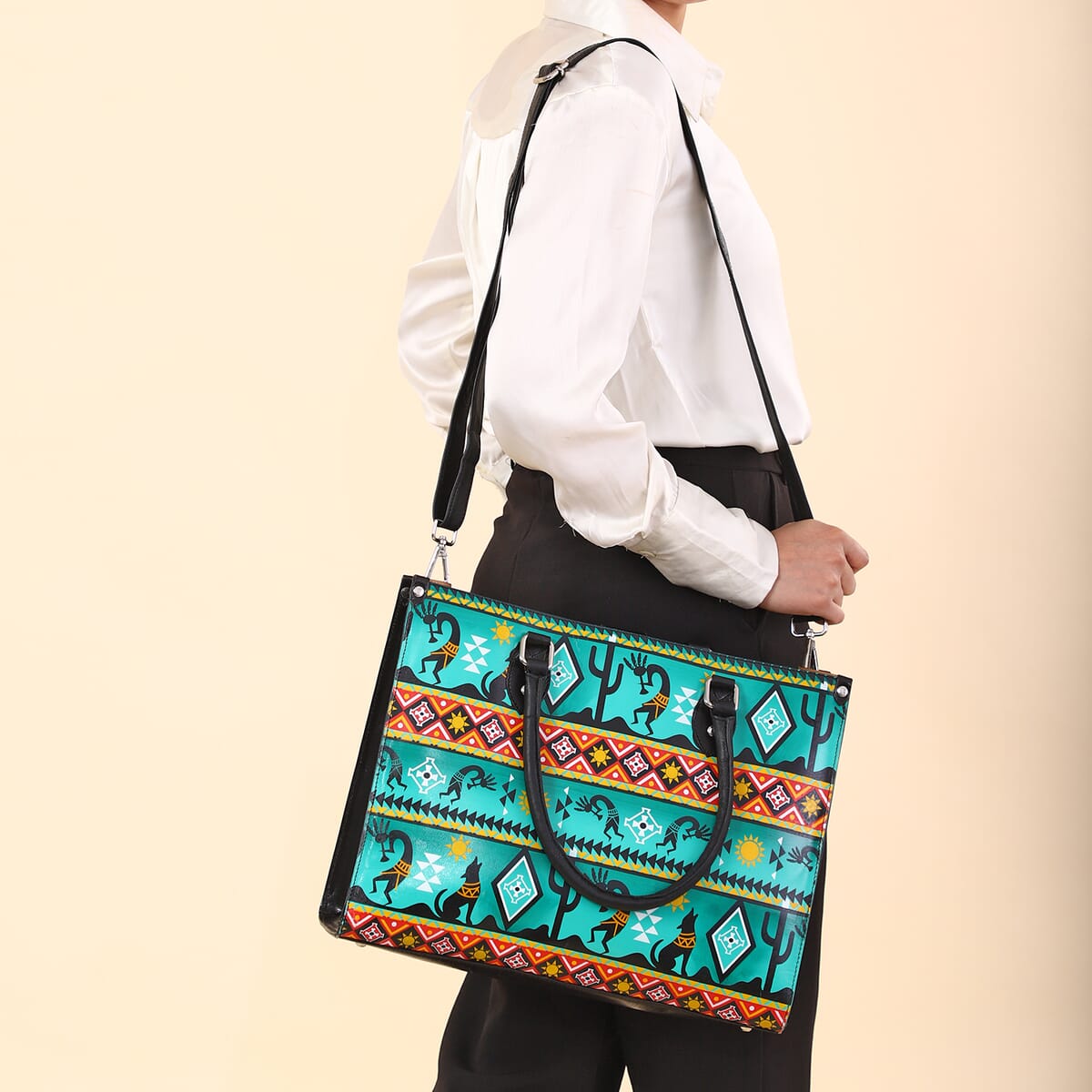 Sukriti Green Kokopelli Inspiration Prints Handpainted 100% Genuine Leather Tote Bag with Wallet image number 2