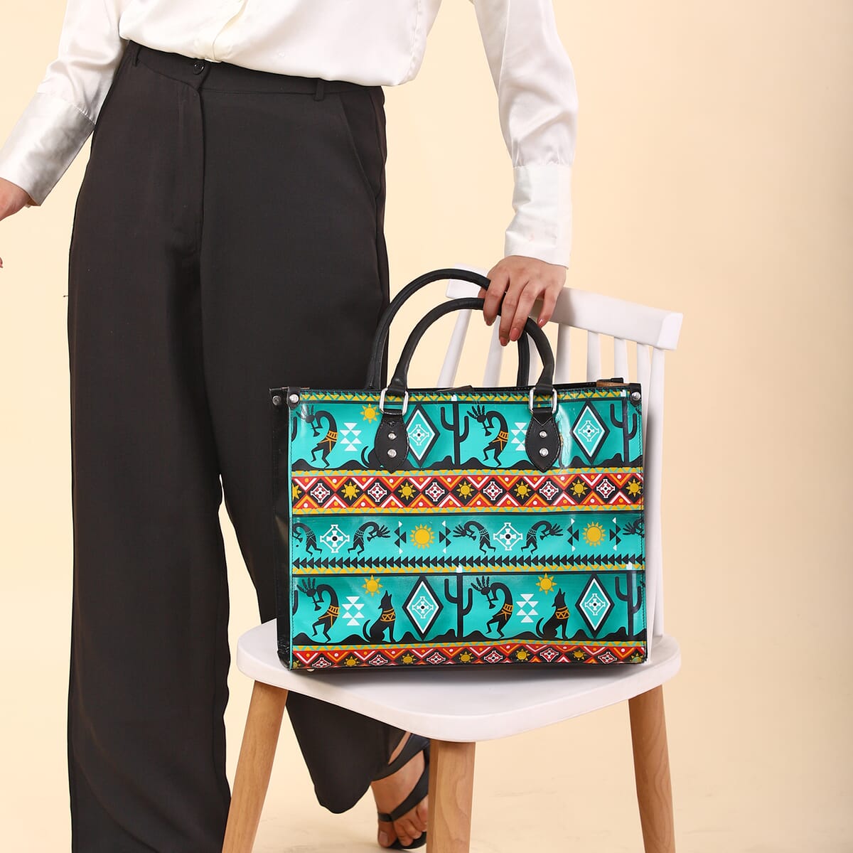 Sukriti Green Kokopelli Inspiration Prints Handpainted 100% Genuine Leather Tote Bag with Wallet image number 3