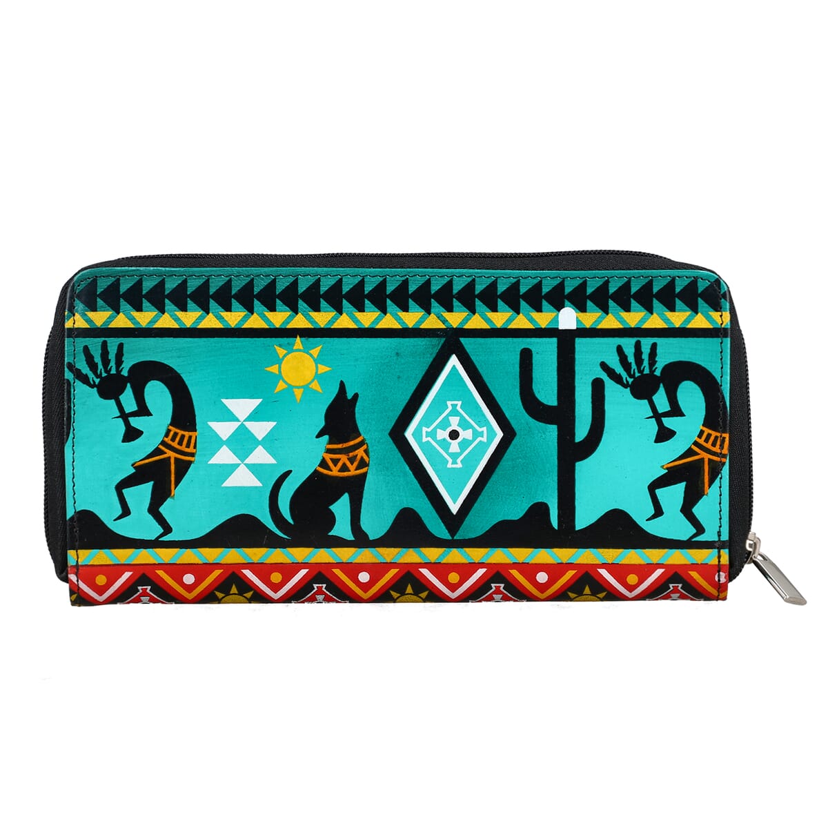 Sukriti Green Kokopelli Inspiration Prints Handpainted 100% Genuine Leather Tote Bag with Wallet image number 4