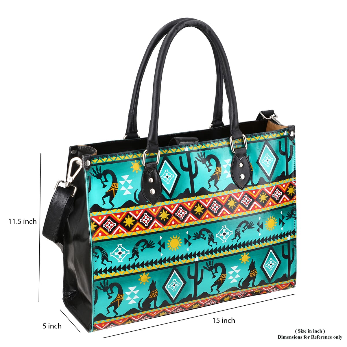 Sukriti Green Kokopelli Inspiration Prints Handpainted 100% Genuine Leather Tote Bag with Wallet image number 7