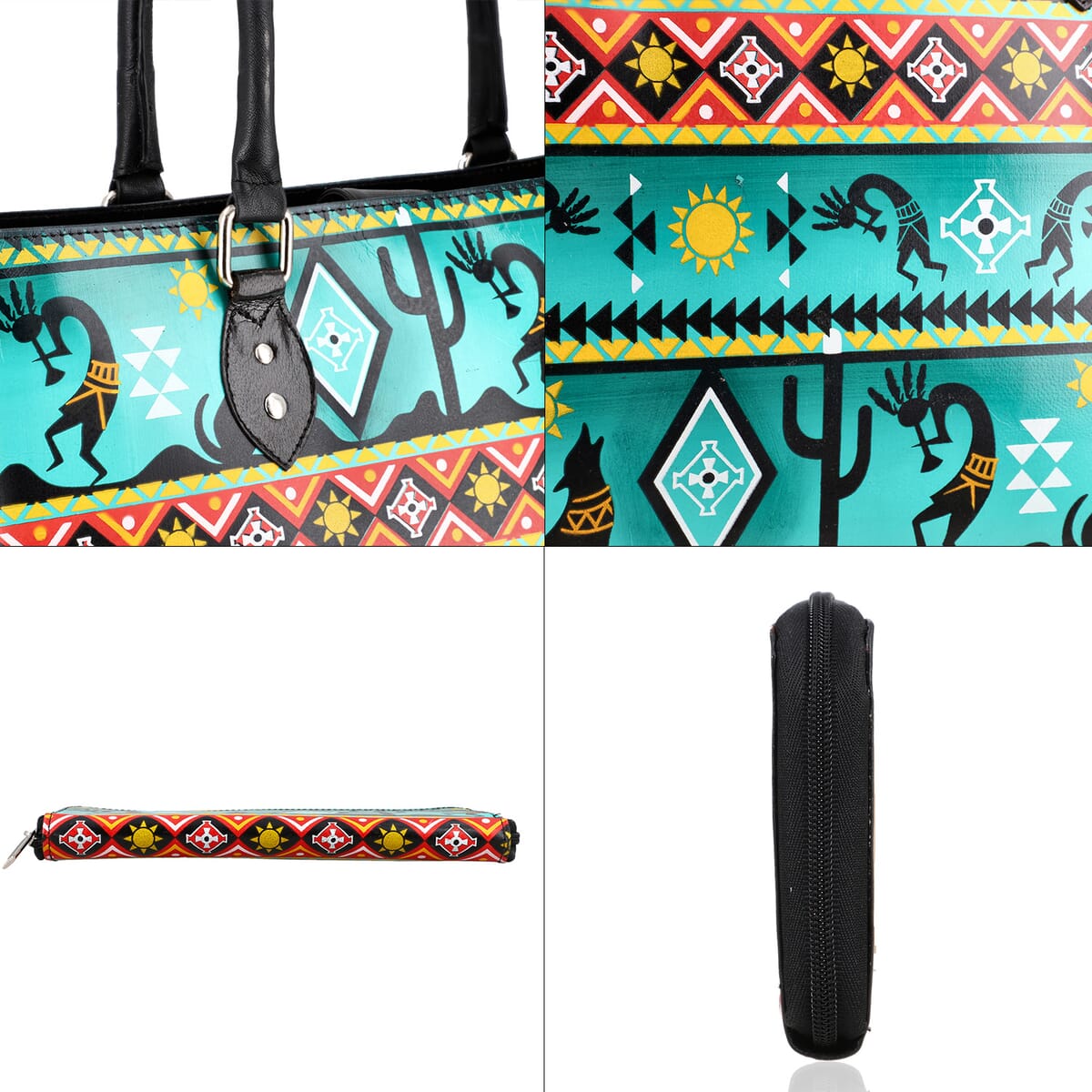 Sukriti Green Kokopelli Inspiration Prints Handpainted 100% Genuine Leather Tote Bag with Wallet image number 8