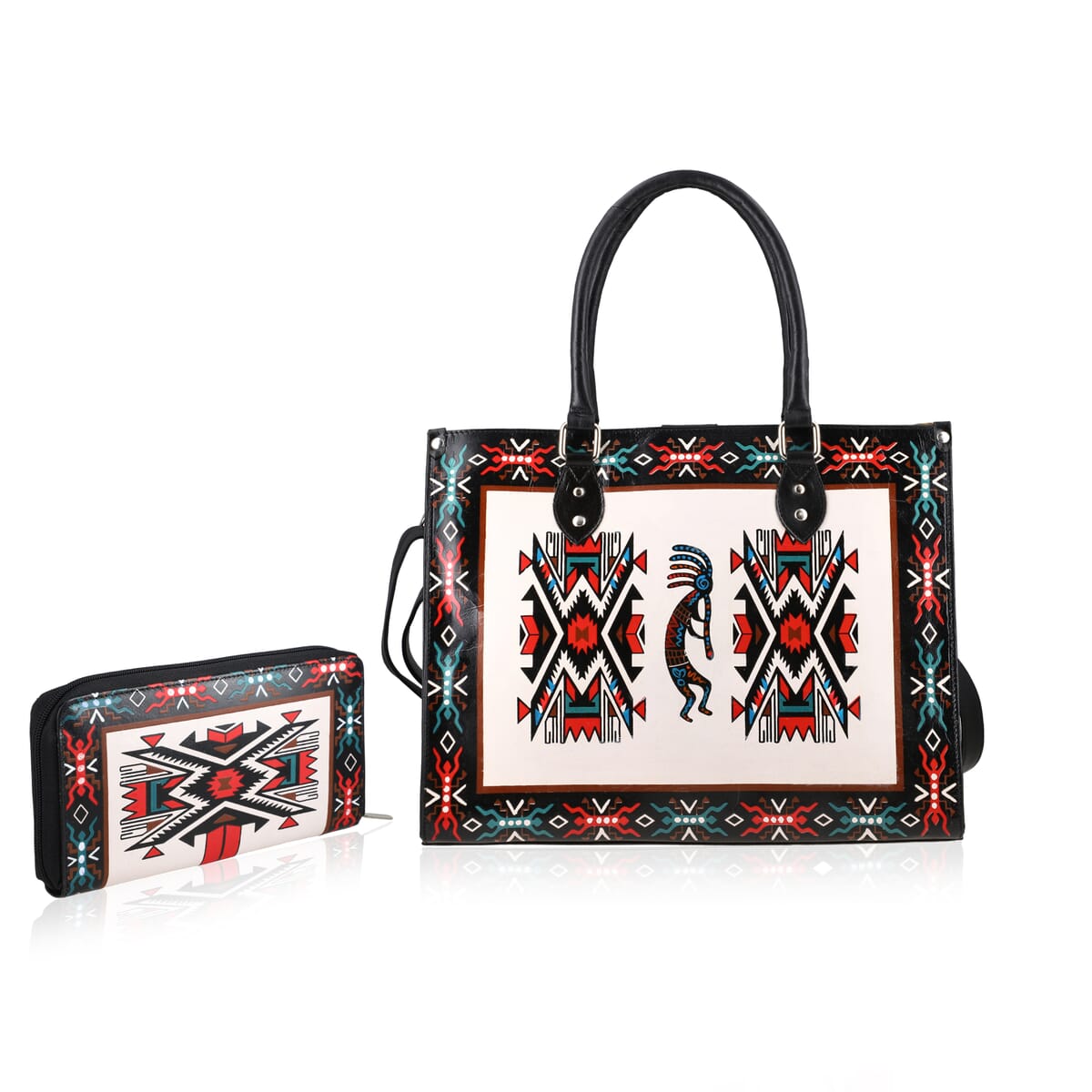 Sukriti White Kokopelli Inspiration Prints Handpainted 100% Genuine Leather Tote Bag with Wallet image number 0