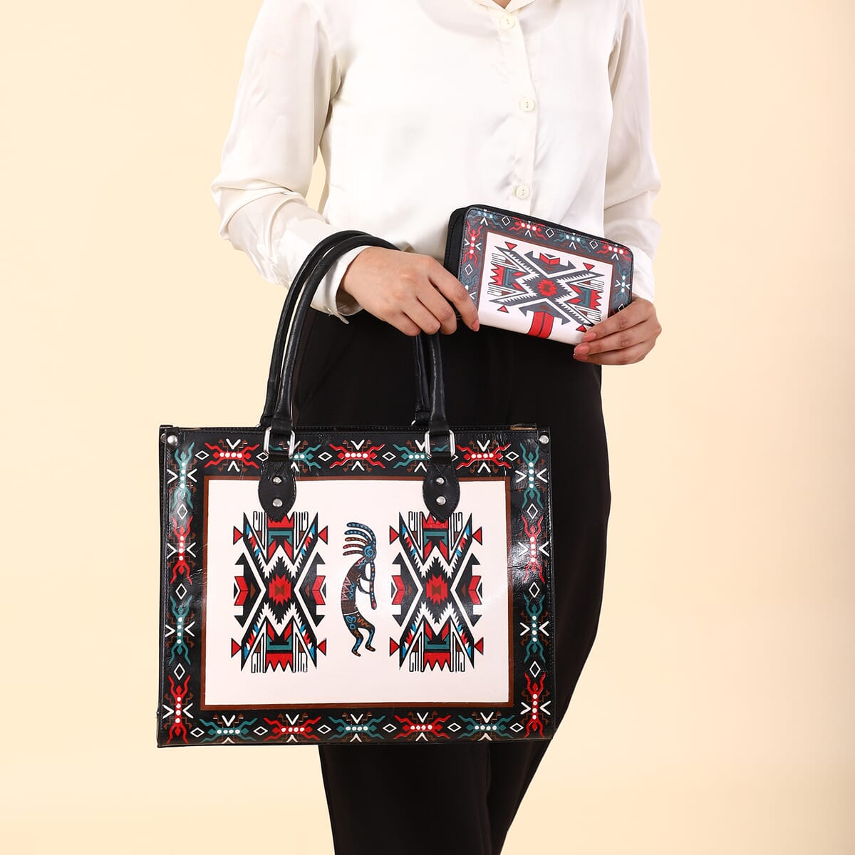 Sukriti White Kokopelli Inspiration Prints Handpainted 100% Genuine Leather Tote Bag with Wallet image number 1