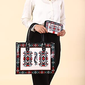 Sukriti White Kokopelli Inspiration Prints Handpainted 100% Genuine Leather Tote Bag with Wallet