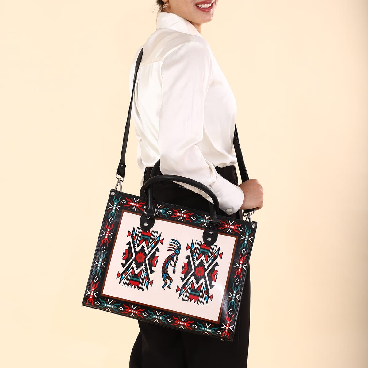 Sukriti White Kokopelli Inspiration Prints Handpainted 100% Genuine Leather Tote Bag with Wallet image number 2