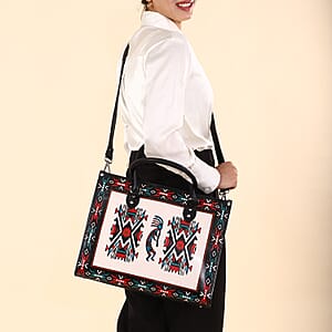 Sukriti White Kokopelli Inspiration Prints Handpainted 100% Genuine Leather Tote Bag with Wallet