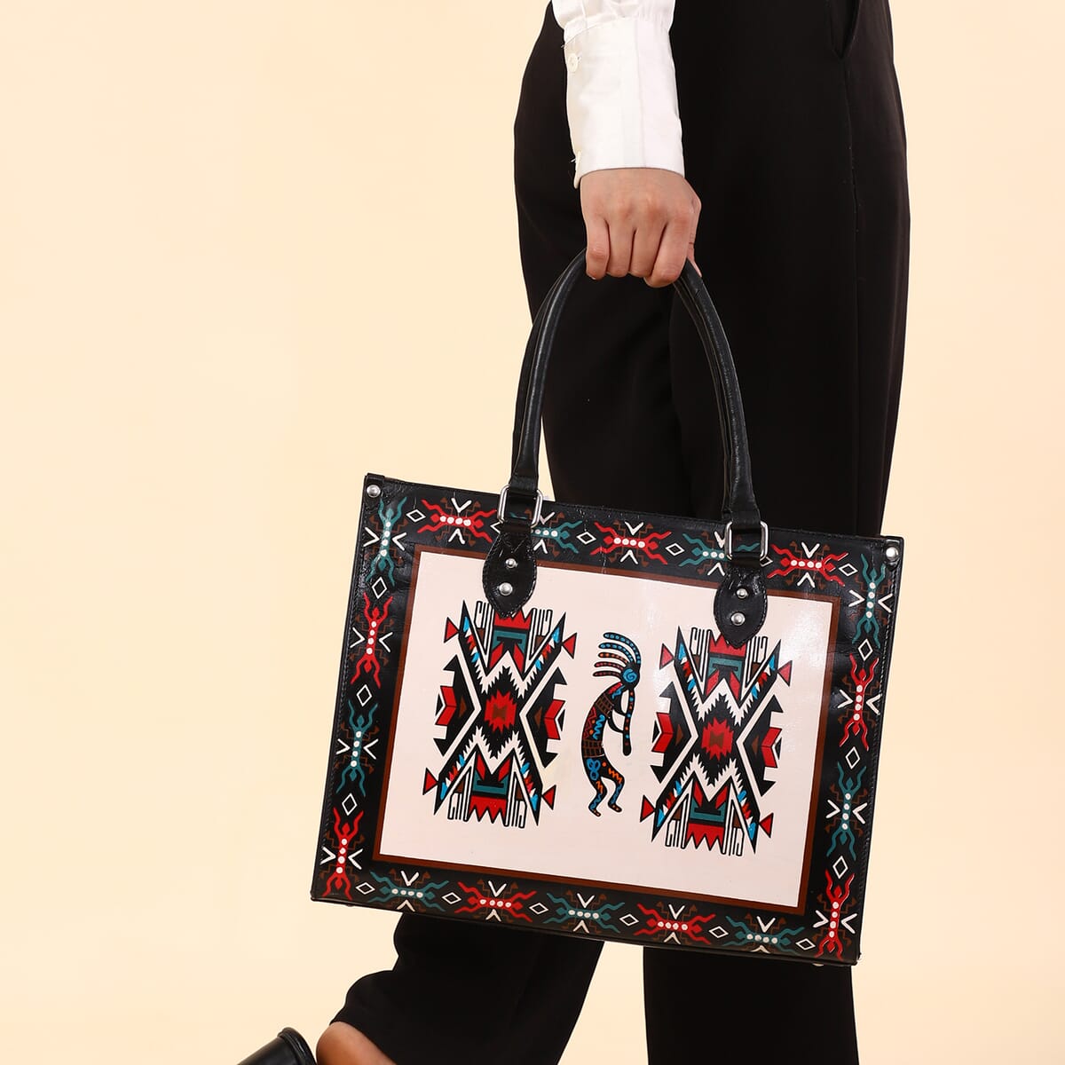Sukriti White Kokopelli Inspiration Prints Handpainted 100% Genuine Leather Tote Bag with Wallet image number 3