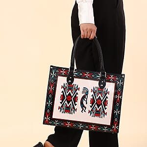 Sukriti White Kokopelli Inspiration Prints Handpainted 100% Genuine Leather Tote Bag with Wallet