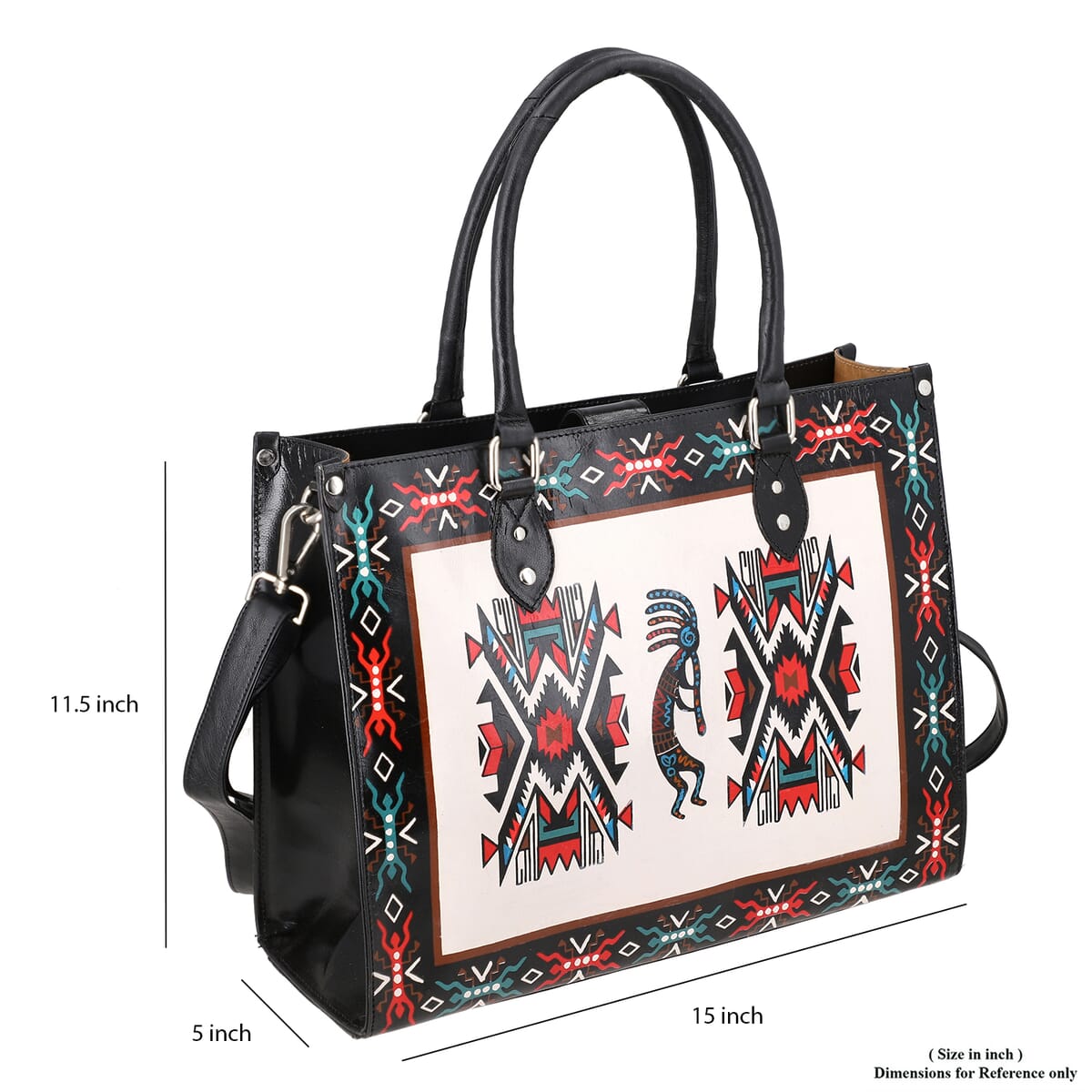 Sukriti White Kokopelli Inspiration Prints Handpainted 100% Genuine Leather Tote Bag with Wallet image number 7