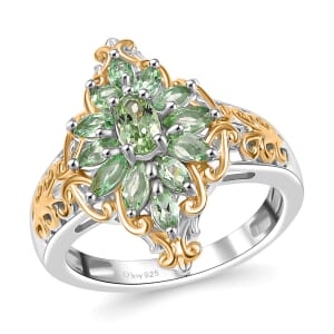 Tsavorite Garnet 1.50 ctw Eternal Blossom Ring in 18K Vermeil YG and Rhodium Over Sterling Silver (Size 9.0)