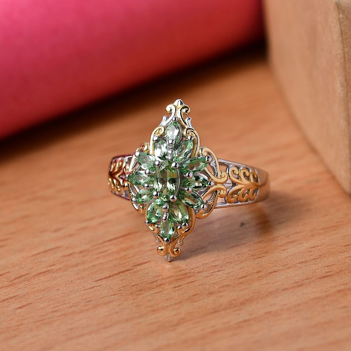 Tsavorite Garnet 1.50 ctw Eternal Blossom Ring in 18K Vermeil YG and Rhodium Over Sterling Silver (Size 9.0) image number 1