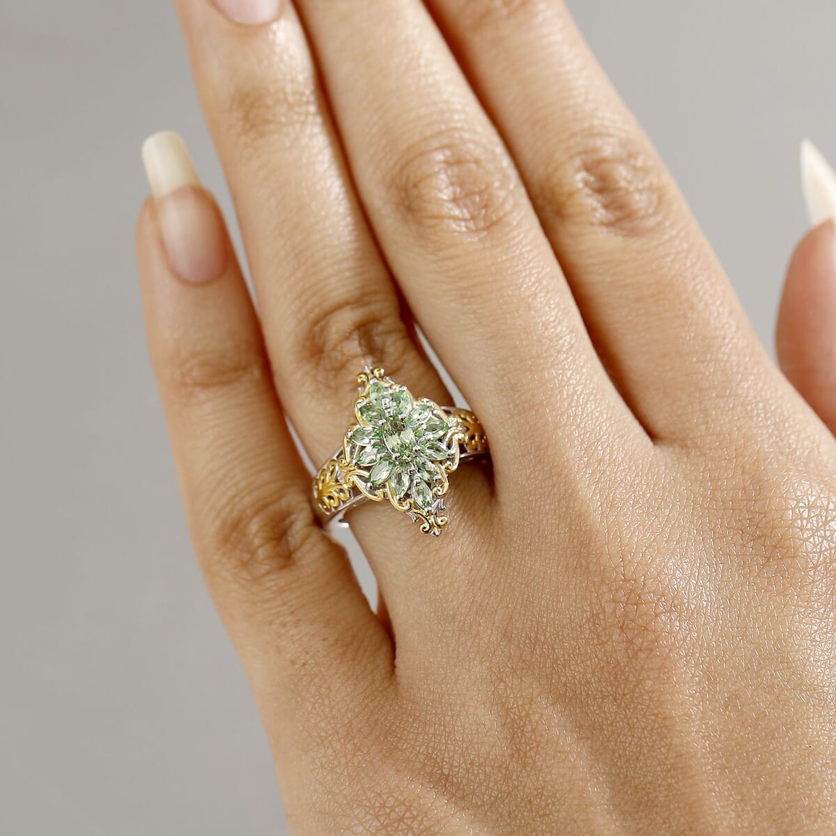 Tsavorite Garnet 1.50 ctw Eternal Blossom Ring in 18K Vermeil YG and Rhodium Over Sterling Silver (Size 9.0) image number 2