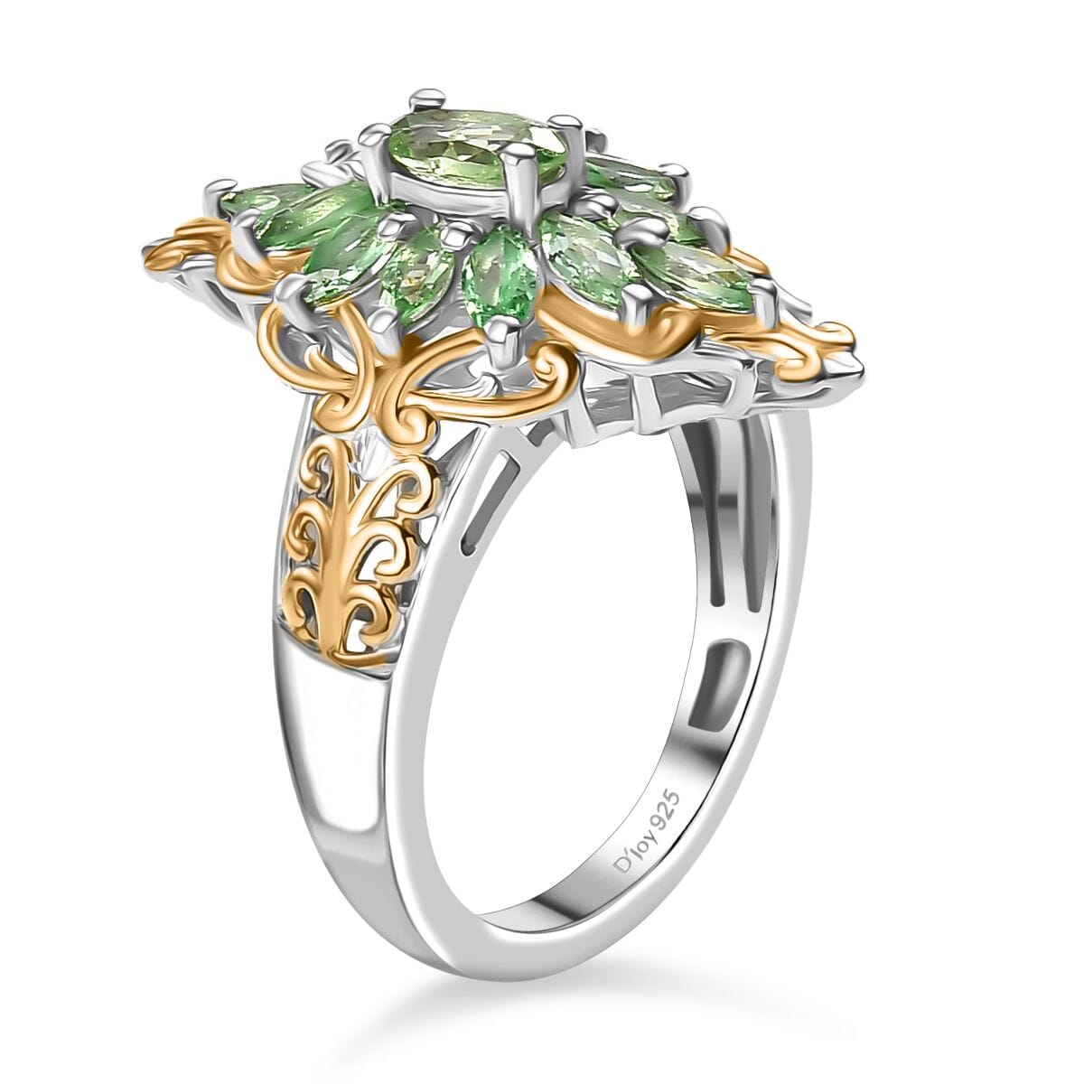 Tsavorite Garnet 1.50 ctw Eternal Blossom Ring in 18K Vermeil YG and Rhodium Over Sterling Silver (Size 9.0) image number 3