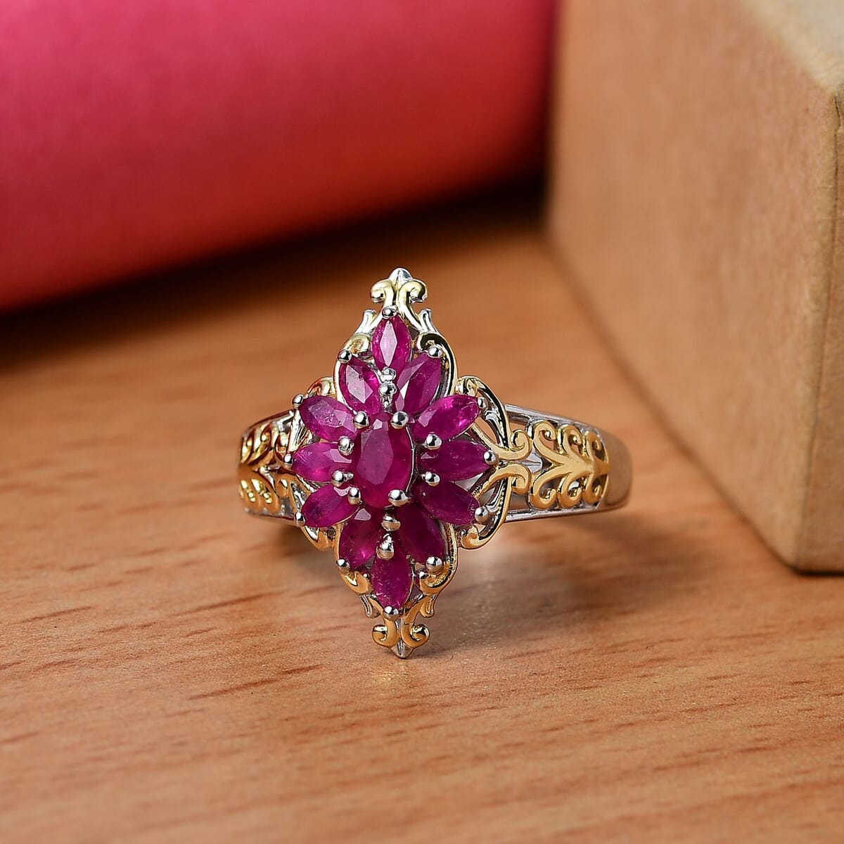 Mozambique Ruby 1.50 ctw Eternal Blossom Ring in 18K Vermeil YG and Rhodium Over Sterling Silver (Size 9.0) image number 1