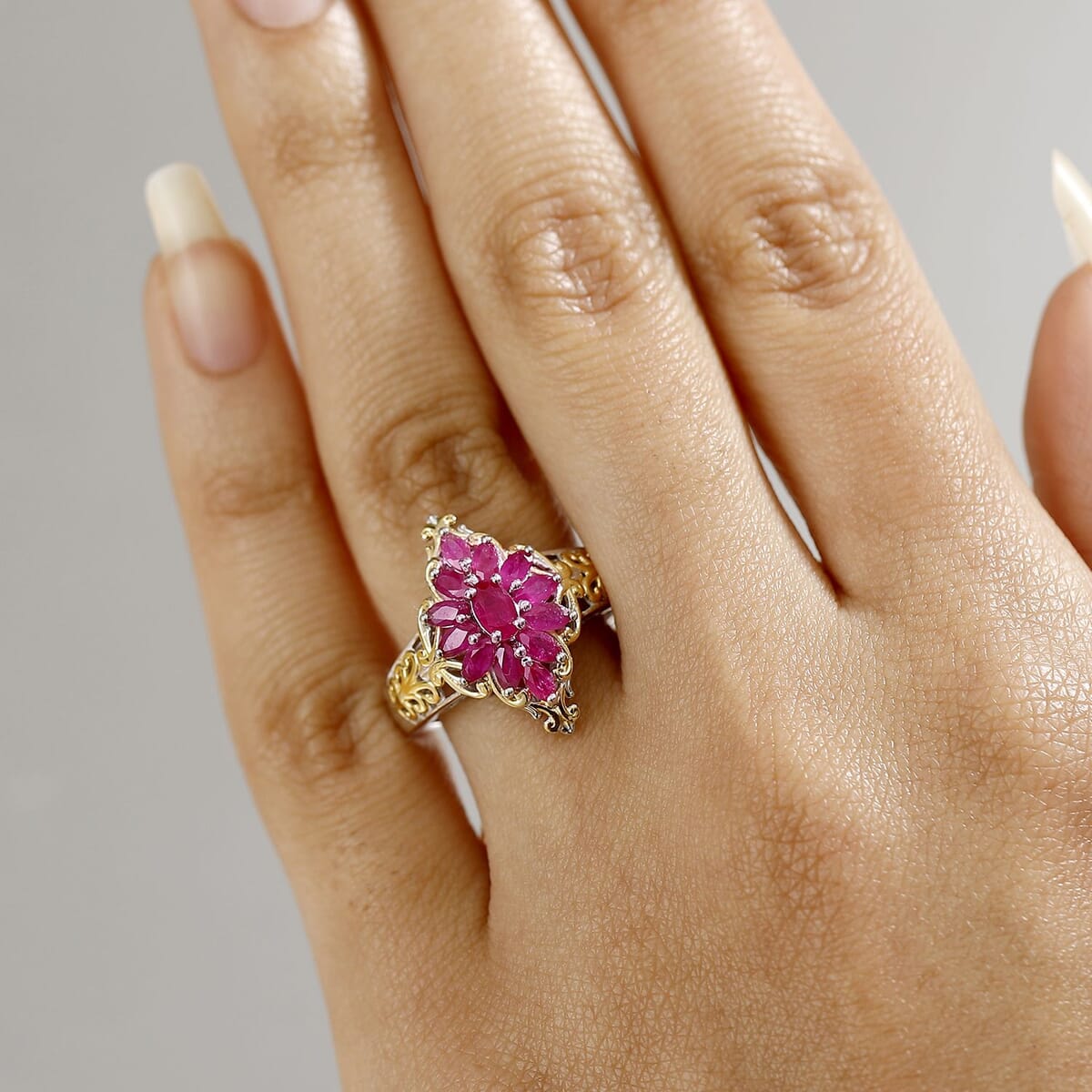 Mozambique Ruby 1.50 ctw Eternal Blossom Ring in 18K Vermeil YG and Rhodium Over Sterling Silver (Size 9.0) image number 2