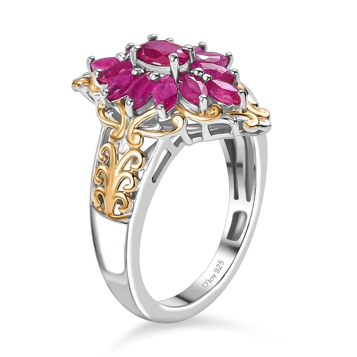 Mozambique Ruby 1.50 ctw Eternal Blossom Ring in 18K Vermeil YG and Rhodium Over Sterling Silver (Size 9.0) image number 3