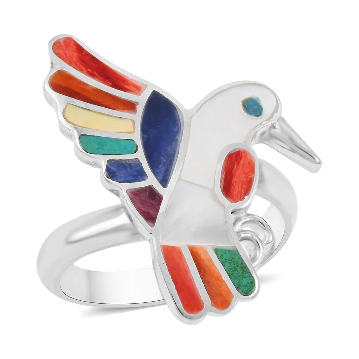 Peruvian Artistry Multi Gemstones 1.00 ctw Humming Bird Adjustible Ring in Sterling Silver image number 0