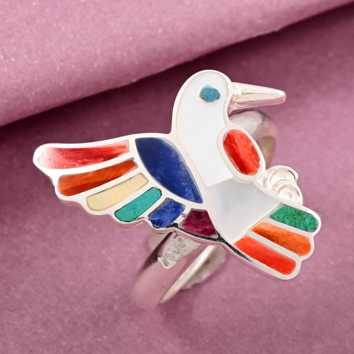 Peruvian Artistry Multi Gemstones 1.00 ctw Humming Bird Adjustible Ring in Sterling Silver image number 1