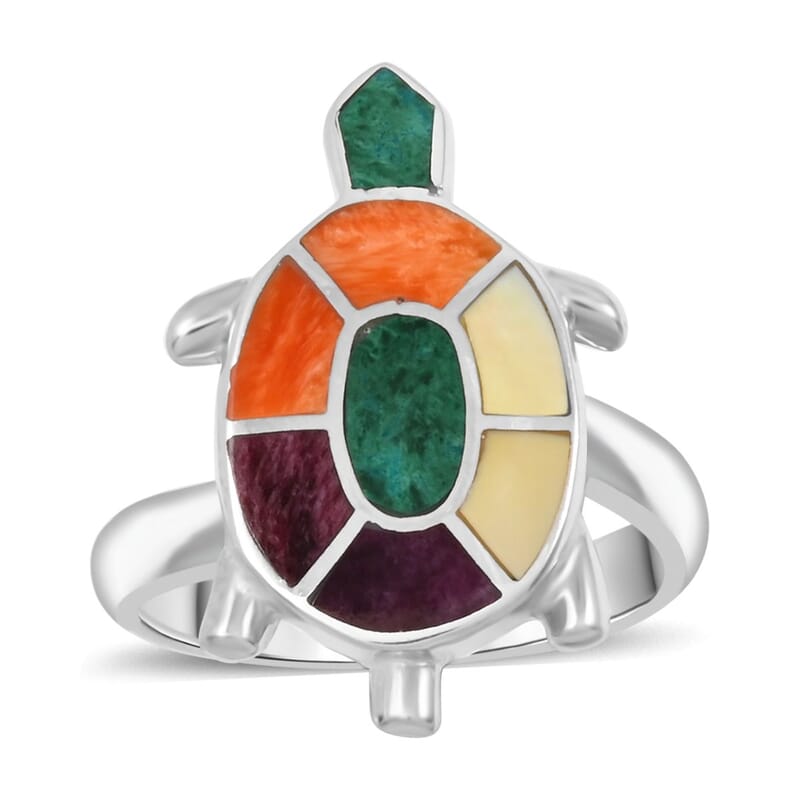 Peruvian Artistry Multi Gemstone 0.90 ctw Turtle Adjustable Ring in Sterling Silver 