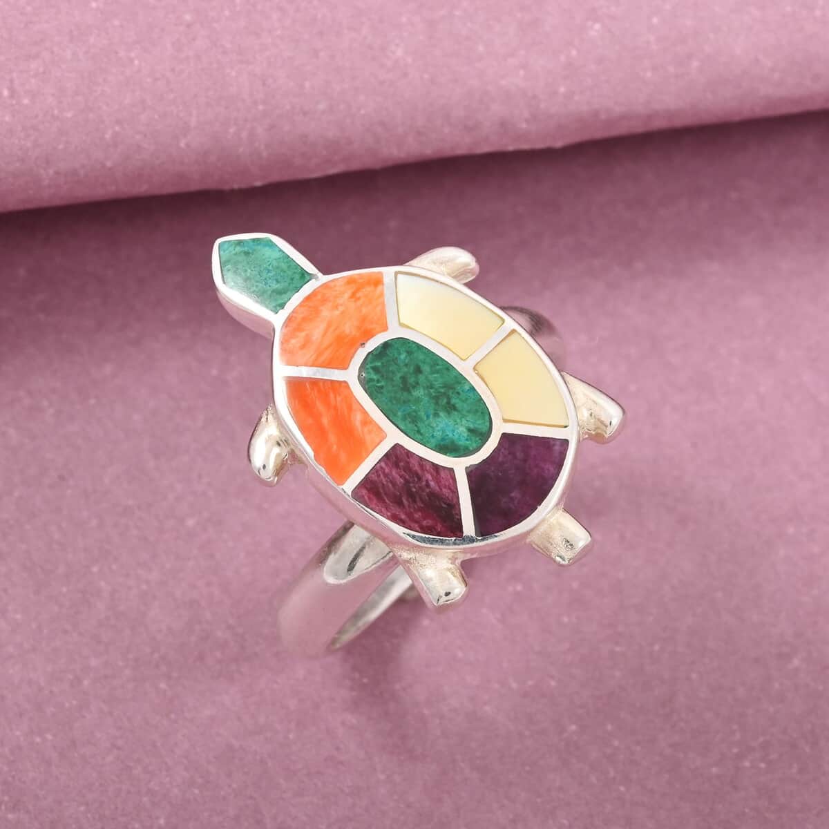 Peruvian Artistry Multi Gemstone 0.90 ctw Turtle Adjustible Ring in Sterling Silver  image number 1