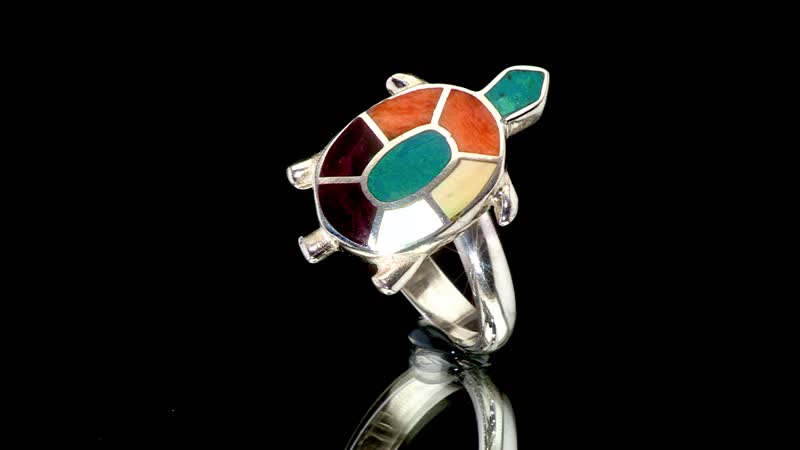 Multi Gemstones Turtle Adjustible Ring in Sterling Silver 0.90 ctw