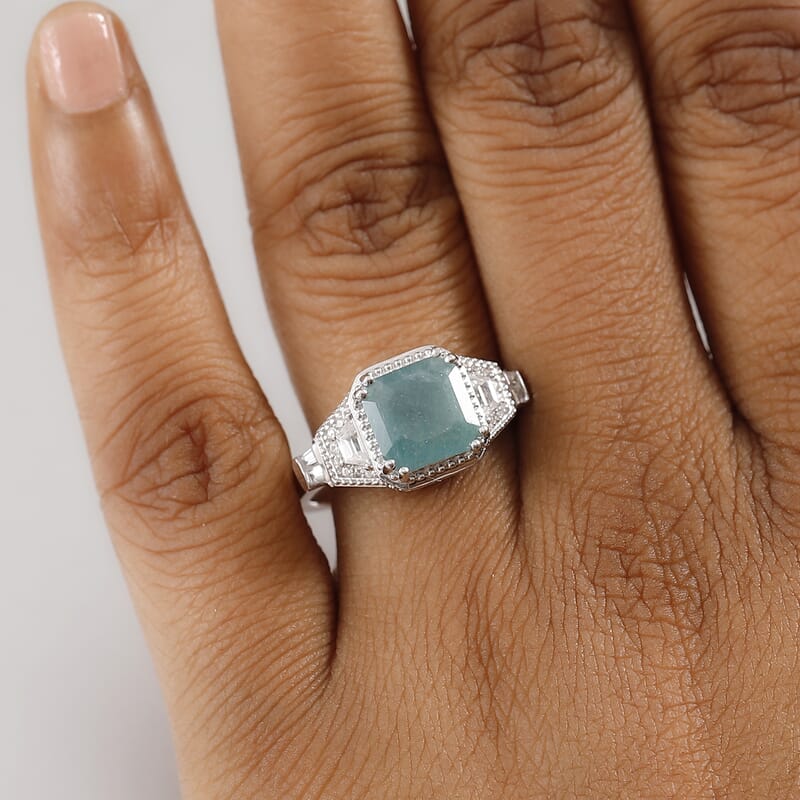 Grandidierite and White Zircon 3.40 ctw Aqua Majesty Ring in Rhodium Over Sterling Silver (Size 10.0)