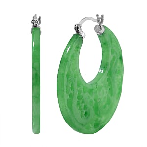 Green Jade (D) 45.00 ctw Carved Crescent Earrings in Rhodium Over Sterling Silver