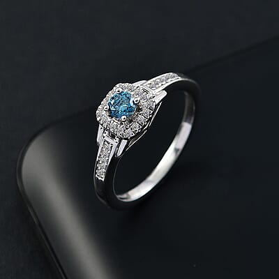 Luxuriant Lab Grown Blue and White Diamond VS-SI 0.35 ctw Promise Ring in Rhodium Over Sterling Silver (Size 10.0)
