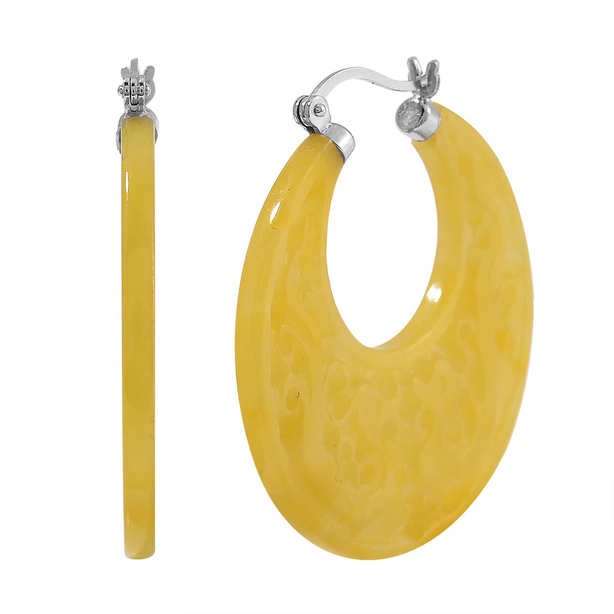 Honey Jade (D) 45.00 ctw Carved Crescent Earrings in Rhodium Over Sterling Silver image number 0