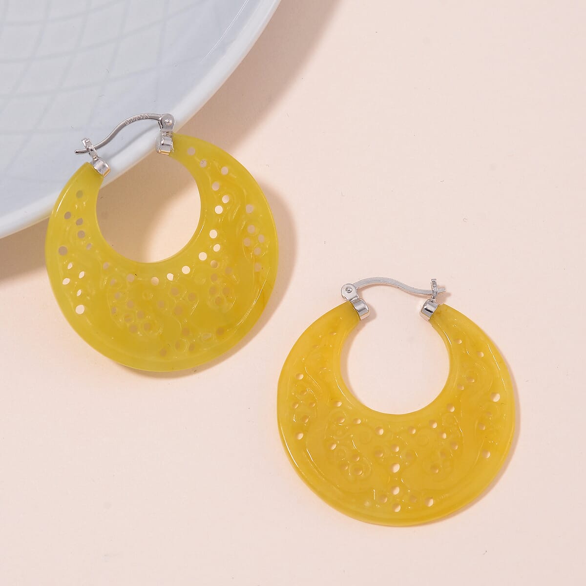 Honey Jade (D) 45.00 ctw Carved Crescent Earrings in Rhodium Over Sterling Silver image number 1