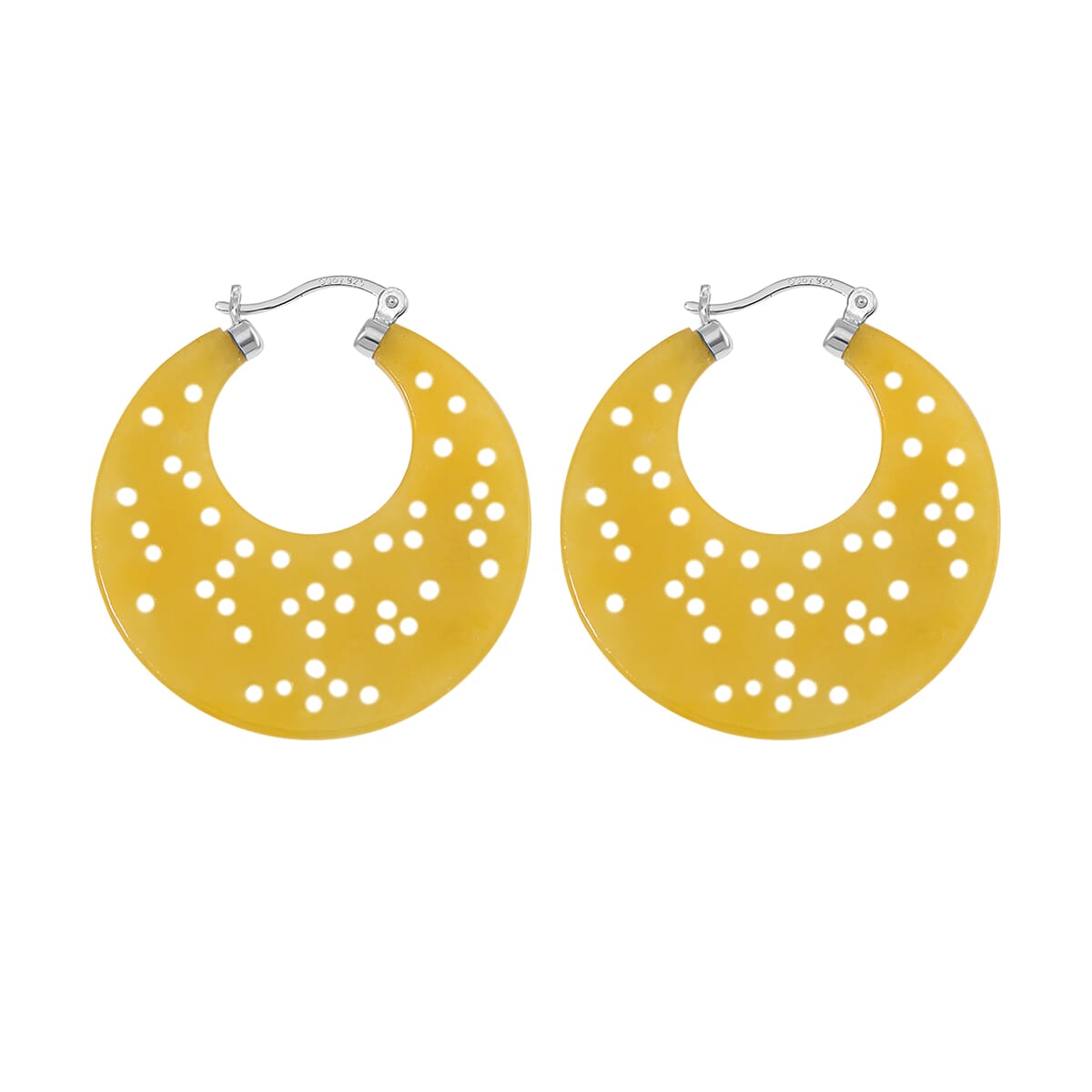 Honey Jade (D) 45.00 ctw Carved Crescent Earrings in Rhodium Over Sterling Silver image number 4