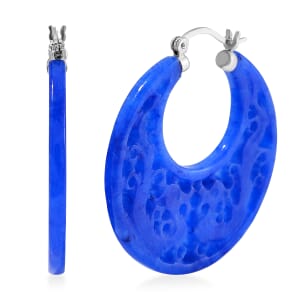 Blue Jade (D) 45.00 ctw Carved Crescent Earrings in Rhodium Over Sterling Silver