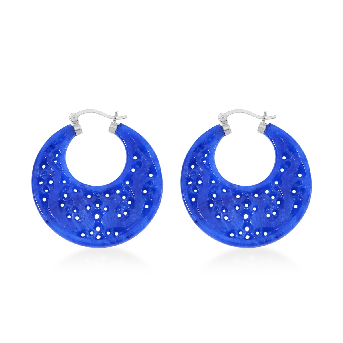 Blue Jade (D) 45.00 ctw Carved Crescent Earrings in Rhodium Over Sterling Silver image number 3