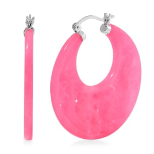 Pink Jade (D) 45.00 ctw Carved Crescent Earrings in Rhodium Over Sterling Silver