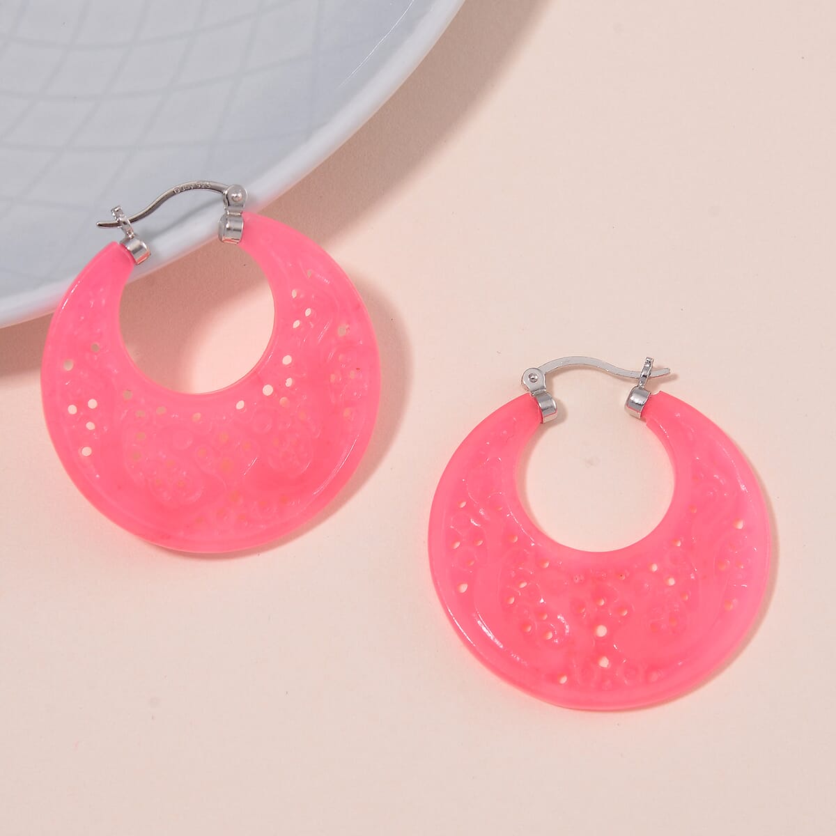 Pink Jade (D) 45.00 ctw Carved Crescent Earrings in Rhodium Over Sterling Silver image number 1