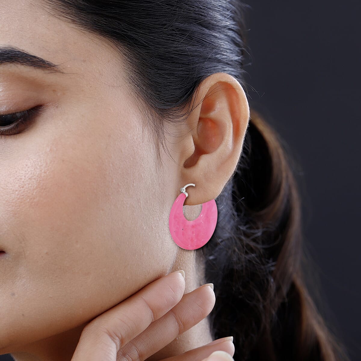 Pink Jade (D) 45.00 ctw Carved Crescent Earrings in Rhodium Over Sterling Silver image number 2