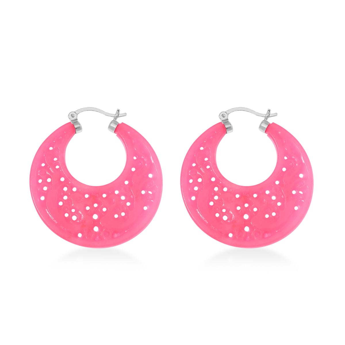Pink Jade (D) 45.00 ctw Carved Crescent Earrings in Rhodium Over Sterling Silver image number 3