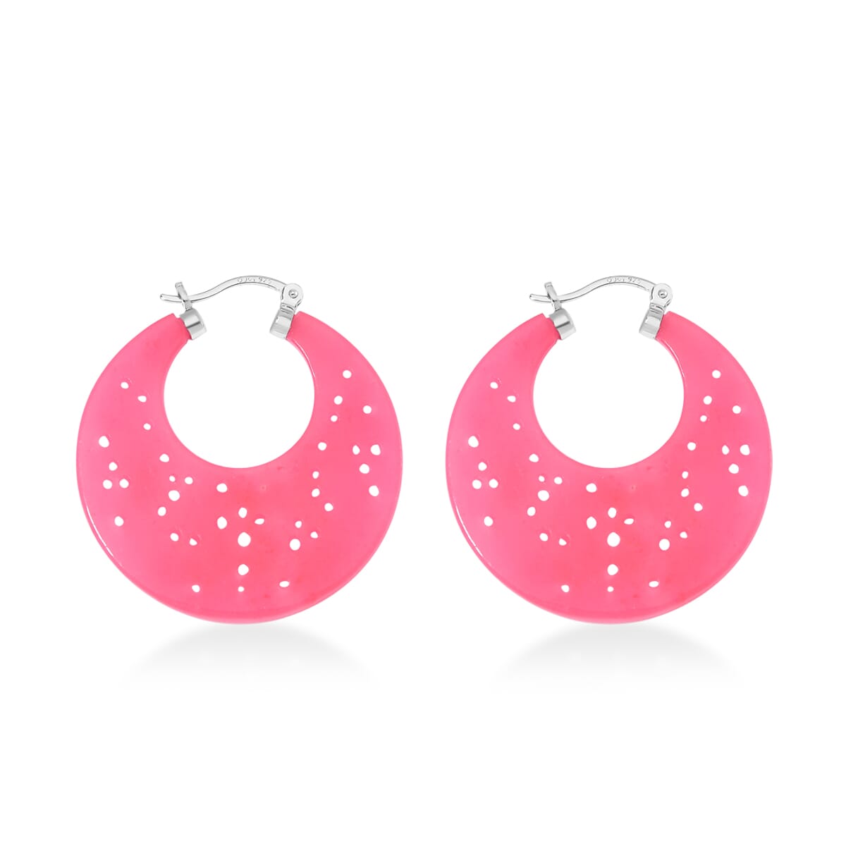 Pink Jade (D) 45.00 ctw Carved Crescent Earrings in Rhodium Over Sterling Silver image number 4
