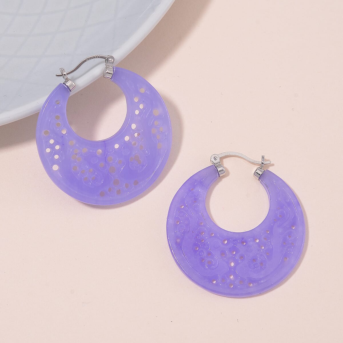Purple Jade (D) 45.00 ctw Carved Crescent Earrings in Rhodium Over Sterling Silver image number 1