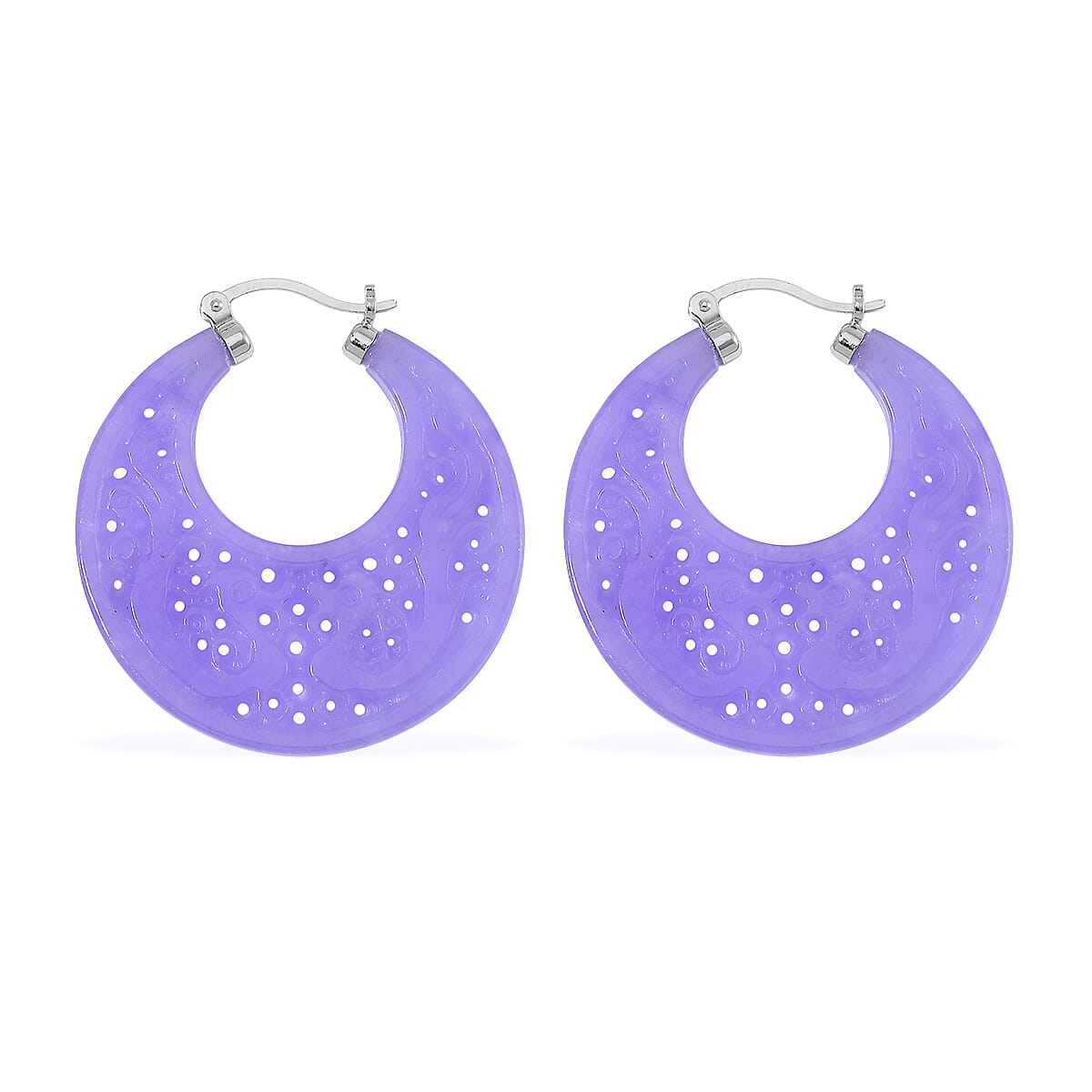 Purple Jade (D) 45.00 ctw Carved Crescent Earrings in Rhodium Over Sterling Silver image number 3