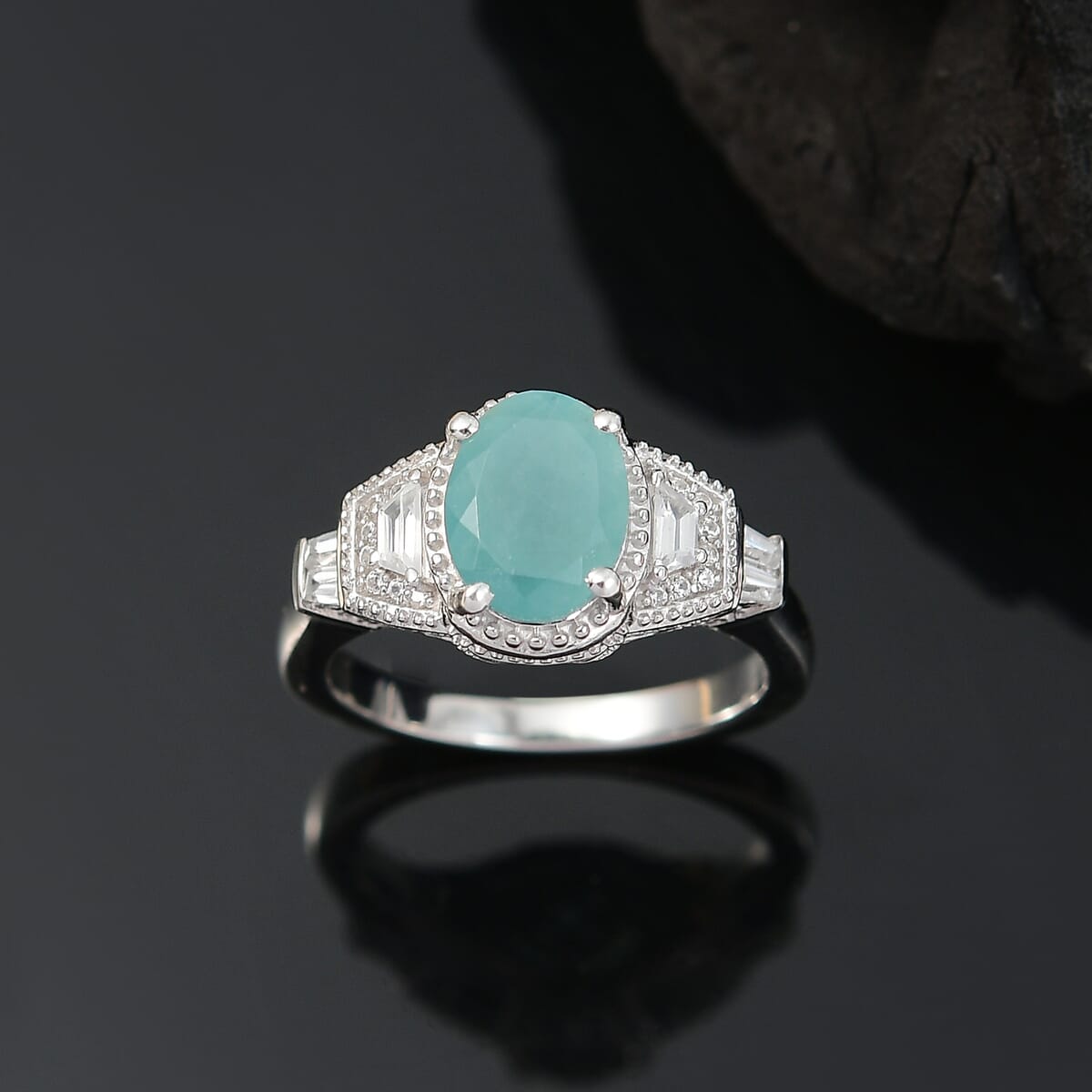 Grandidierite and White Zircon 2.50 ctw Aqua Majesty Ring in Rhodium Over Sterling Silver (Size 9.0) image number 1