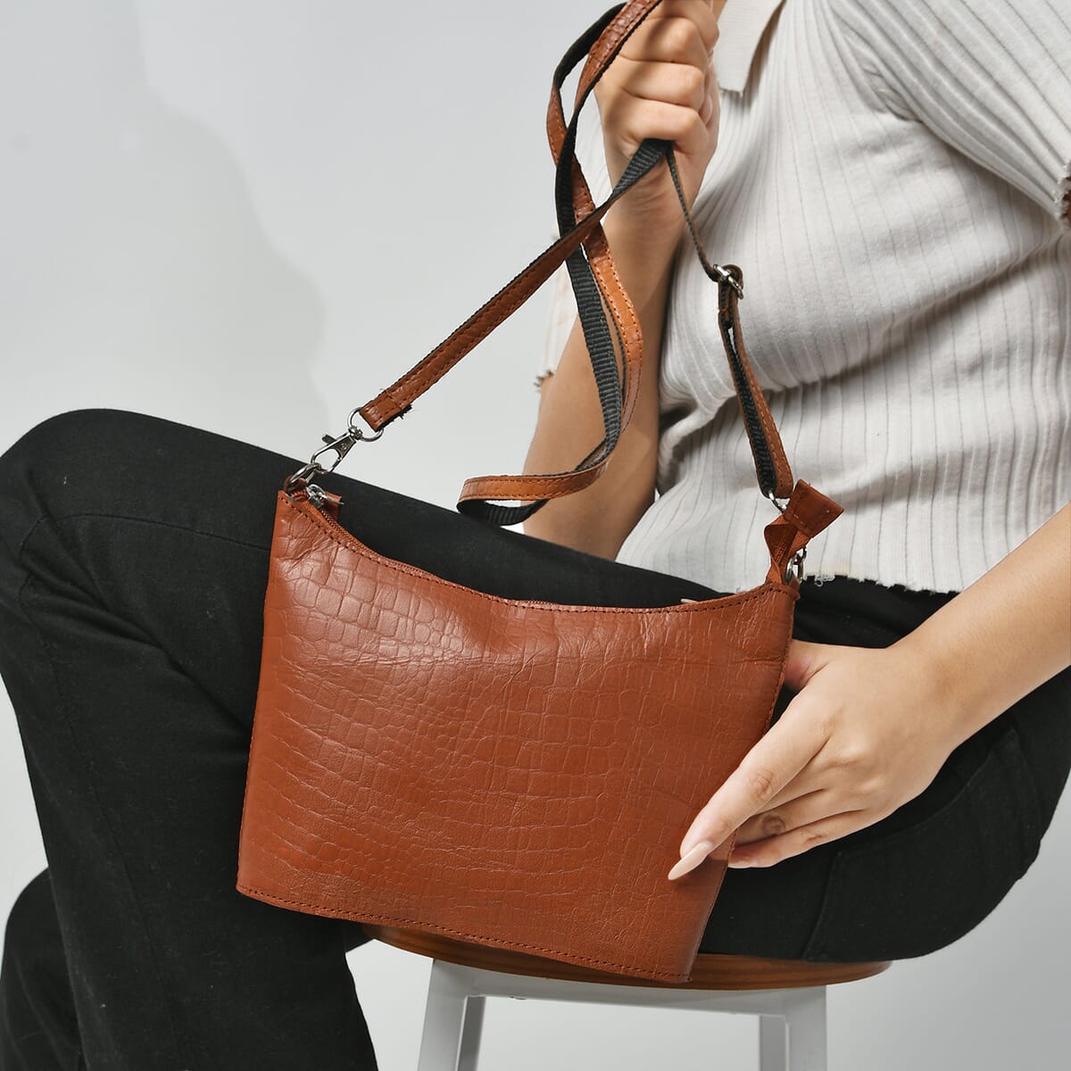 Orange Croco Embossed Genuine Leather Crossbody Bag image number 1