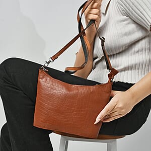 Orange Croco Embossed Genuine Leather Crossbody Bag