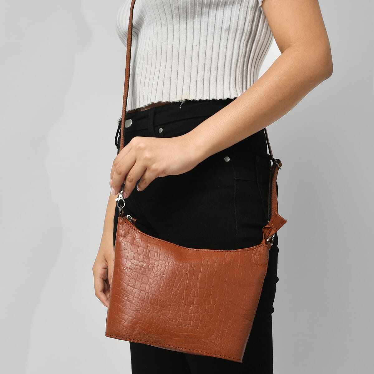 Orange Croco Embossed Genuine Leather Crossbody Bag image number 2